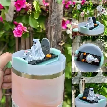 Крышка для чашки на Хэллоуин, призрачная собака, гуляющая статуя, крышка для чашки объемом 40 унций, жуткий Хэллоуин белый