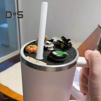 Крышка для стакана 40 унций, аксессуары для декора на Хэллоуин, силиконовая соломенная крышка для стаканов, светящаяся в темноте, привидение, маленькое животное, ландшафтный дизайн, подарок для мамы чёрный