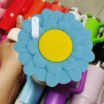 Крышка для стакана для льда, силиконовый пылезащитный чехол, эластичная вставка для соломинки, устойчивая к царапинам крышка для напитков с 3D-цветочным дизайном, прочный водонепроницаемый аксессуар для напитков синий