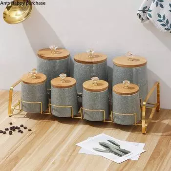 Крышка из дерева с хрустальной ручкой Керамическая герметичная банка для посуды Контейнер для еды Емкость для хранения цельного зерна Домашний органайзер зелёный