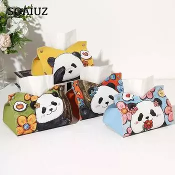 Крышка коробки для салфеток в виде панды, картина маслом, коробка для салфеток для гостиной, дома, высококачественная креативная кожаная салфетка, настольная бумажная коробка для хранения, автомобильная бумажная коробка A