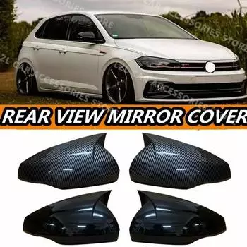 Крышка зеркала заднего вида для Volkswagen для VW Polo Mk6 AW GTI 2018-OX Horn, автомобильные колпаки, отделка корпуса, внешний вид из углеродного волокна Glossy Black