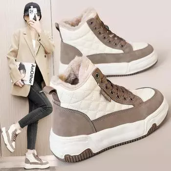 KT2510 2024 Осень/Зима Женские бархатные зимние ботинки средней высоты с цветными блоками — теплые, увеличивающие высоту голенища, повседневные. 37 кофейный