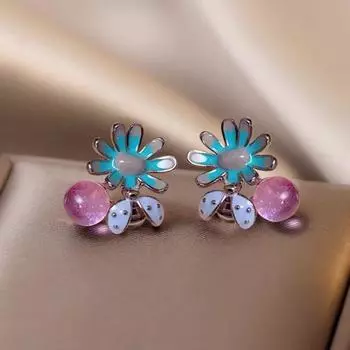 Ktlt/French style Fashion Retro Bee Petals Purple Beads Ear Studs Earrings Niche Women 2025 New Earrings Fashion Alloy