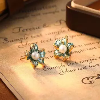 Ktlt/French style Retro Stud Earrings Women Light Luxury Niche Sense Earrings Temperament Net Red Pearl Flower Earrings High Sense Blue flower/S925 Silver Needle