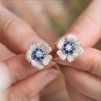 Ktlt/Niche Style Fancy Earrings Unique French Flower Rhinestone-Embedded Elegant Trendy Earrings 2025 New Arrival Trendy Earrings Blue S925 Silver Needle