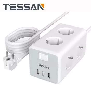 Кубик удлинителя TESSAN с несколькими розетками, розетками переменного тока 3/6, 3 портами USB, розеткой европейского стандарта, удлинителем 1,5/2 м 3 Outlets & 3 USB Ports серый
