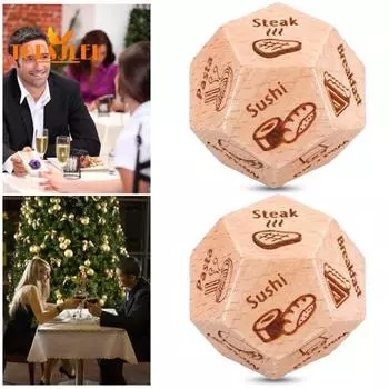 Кубики для принятия решения о еде на свидании и вечере — 12-гранные, улучшающие отношения, деревянные кубики с графикой для романтического ужина. Игральные кости для принятия решения о еде. Wooden Color