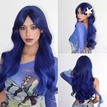 Кудрявые длинные волнистые синтетические парики темно-синего цвета с челкой для женщин, цветные синие волнистые парики для косплея, натуральные искусственные волосы, термостойкие