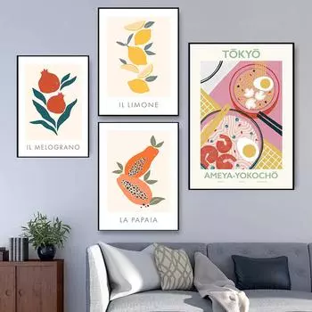 Кухня Цвет Фрукты Еда Плакат Папайя Лимоне Картина на холсте Токио Японская лапша Настенная картина Столовая Домашний декор 21x30cm No Framed
