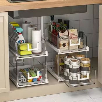 Кухня Гостиная Многофункциональный шкаф с несколькими полками, разделенный ярус, двухъярусная выдвижная полка для хранения вещей под раковиной прозрачный