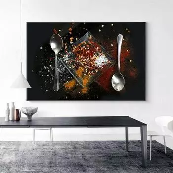 Кухня на черном фоне со специями и ложками на холсте обеденного стола 21cm30cm NoFrame