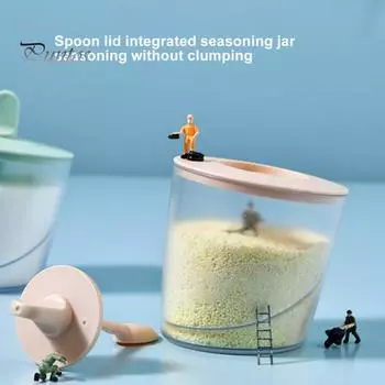 Кухонная банка для специй с крышкой и ложкой. Прозрачная пластиковая коробка для приправ. Контейнер для хранения пищевых приправ для соли, сахара, перца. Кухонная кулинария. зелёный