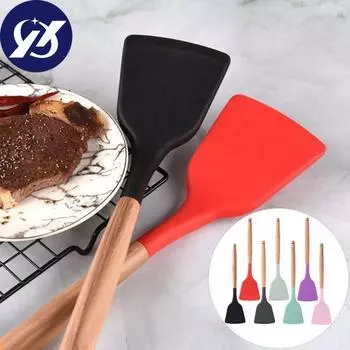 Кухонная лопатка Несъемная противоскользящая бесшумная жарочная лопатка Термостойкость Силиконовая удлиненная деревянная ручка Лопатка для жарки Кухонная лопатка темно-зеленого