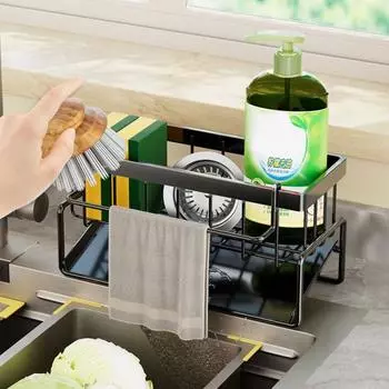 Кухонная мойка Caddy Держатель для губки Наклонный самодренирующийся дизайн Большая вместимость Нержавеющий Не требует сверления A чёрный