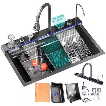 Кухонная мойка из нержавеющей стали 304 с водопадом, большой однослотовый встроенный цифровой дисплей, набор смесителей, дозатор мыла, чашка, мойка 680X460MM