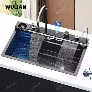 Кухонная мойка с интеллектуальным цифровым дисплеем, водопадом, контролем температуры, чистой водой, большой одинарной раковиной над столешницей 750X460MM чёрный