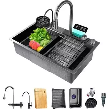 Кухонная мойка Водопадная мойка Temp Digital с мойкой для чашек Counter Controls Workstation Kitchen Sink одинарные кухонные мойки Black 680X450mm чёрный