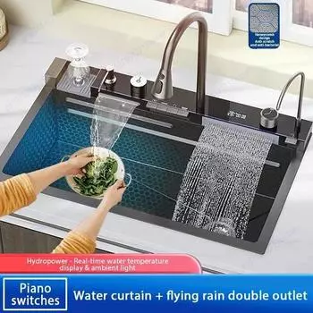 Кухонная мойка-водопад из нержавеющей стали 304 с большим одним слотом, встроенным цифровым дисплеем, набором кранов, дозатором мыла, мойкой для чашек