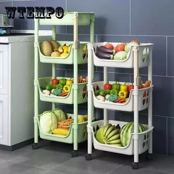 Кухонная полка для хранения Многослойная полка для фруктов от пола до потолка Органайзер для ванной комнаты Принадлежности Держатель для овощей Корзина для хранения Передвижная полка на колесиках 3 layers бежевый