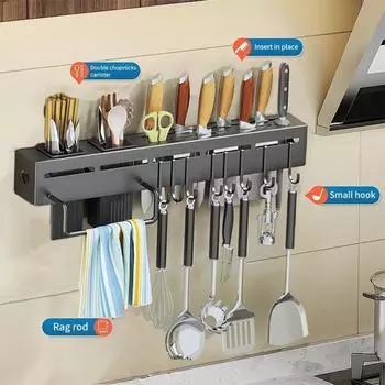 Кухонная полка для хранения Настенная многофункциональная полка для хранения ножей Съемная нержавеющая сталь с несколькими кронштейнами и крючками серебряный