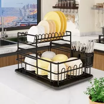 Кухонная полка для хранения посуды Сушильная полка для хранения бытовая многофункциональная полка для посуды Шкаф для посуды Ящик для хранения палочек для еды чёрный