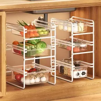 Кухонная полка для хранения, выдвижной ящик, масштабируемые полки для хранения овощей, съемные, легко моющиеся, многоуровневые бытовые корзины для хранения