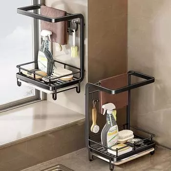 Кухонная полка кран полотенце для посуды сливная корзина принадлежности раковина губка стойки чёрный