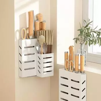 Кухонная полкаНастенный держатель для ножей и палочек для едыМногофункциональный органайзер 1pc белый