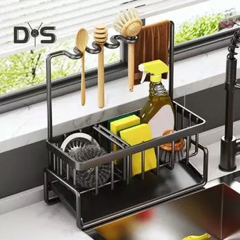 Кухонная раковина Держатель для губки Caddy со сливным поддоном Нержавеющий, устойчивый к коррозии Простота установки Держатель для полотенец Полка для слива щеток Кухонный органайзер чёрный