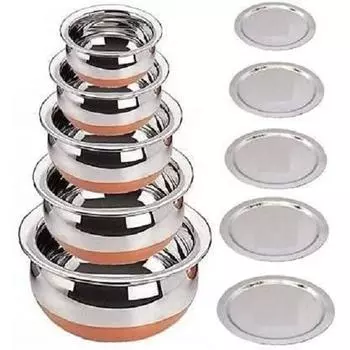 Кухонная сервировка с медным дном из нержавеющей стали, чаша для приготовления пищи | Набор Ханди из 5 предметов | Бирьяни Ханди с крышкой, 1830 миллилитров - 1830 мл