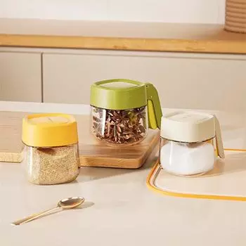 Кухонная стеклянная банка для приправ с ложкой, контейнер для хранения домашних приправ с откидной крышкой и одной ручкой, прессованный контейнер для куриной эссенции белый