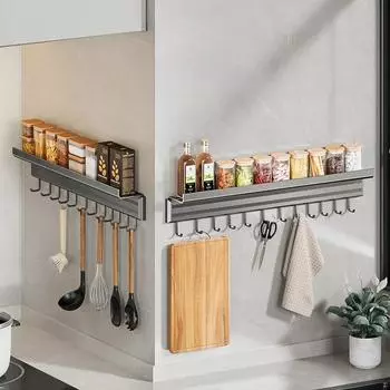 Кухонная стойка без сверления Настенная стойка для лопаток и ложек Многофункциональная стойка для хранения приправ Полка для хранения лопаток