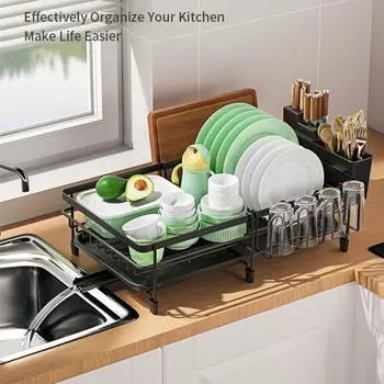 Кухонная сушилка для посуды с дренажным туннелем, держатель для чашек и разделочных досок, выдвижная двухслойная антикоррозийная миска, тарелка, столовые приборы, раковина, кухонная утварь чёрный
