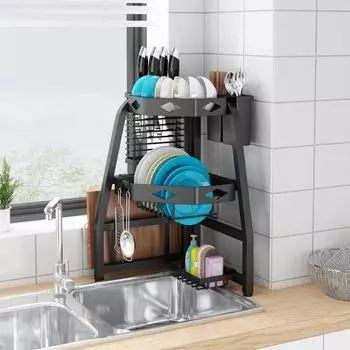 Кухонная сушилка для посуды, угловая, над раковиной, сушилка для посуды с держателем для столовых приборов, многоцелевая корзина для хранения, полка чёрный