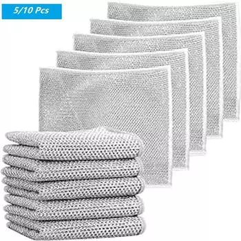 Кухонная ткань для чистки, многофункциональная двухслойная ткань, не царапающая проволоку, тряпки для мытья посуды, кухонная сетка, тряпки для чистки серебряный