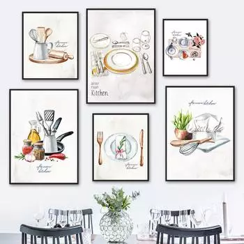 Кухонная утварь, художественная картина, безрамный скандинавский настенный декор, холст, картина, безрамный кухонный нож и вилка, постер, домашний декор 21*30cm
