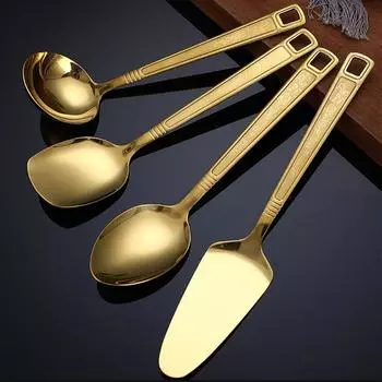 Кухонная утварь из нержавеющей стали с антипригарным покрытием, большая салатная ложка, вилка, полая лопатка, размешивающая золотая сервировочная посуда