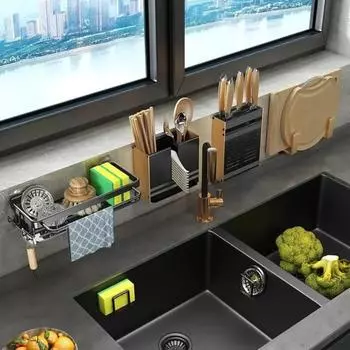 Кухонная вешалка для одежды, настенная, без отверстий, для мойки, водонепроницаемая и устойчивая к ржавчине, съемная полка для хранения вещей чёрный