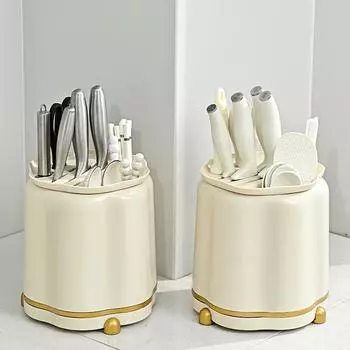 Кухонная вращающаяся полка для ножейЛегкий роскошный кремовый стильМногофункциональная полка для ножейСтеллаж для домашнего храненияВстроенная полка для палочек для еды 1pc белый