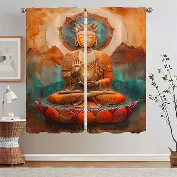 Кухонная занавеска для детской комнаты Тускло освещенные шторы Будда затемняющие шторы в гостиной Украшение перегородки жалюзи кудри W50xH70cmx2pcs-CL
