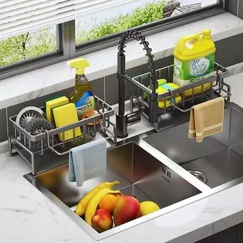 Кухонное пространство, алюминиевая сливная стойка для раковины, держатель для крана для хранения губки, сушилка для мыла, полка, корзина, органайзер, аксессуары для ванной комнаты B чёрный