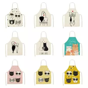 Кухонные фартуки с забавным принтом кота, хлопковые и льняные рекламные фартуки, женские и мужские инструменты для уборки дома, униформа, рабочие фартуки, нагрудники 47x38cm
