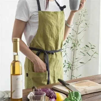 Кухонные фартуки унисекс из хлопка и льна для приготовления пищи, кофейни, нагрудника для взрослых, регулируемый простой фартук для работы с карманом