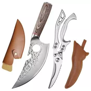 Кухонные ножницы из нержавеющей стали, ножницы для куриных костей, кованый нож для обвалки, нож для мяса, нож мясника с крышкой 2pcs