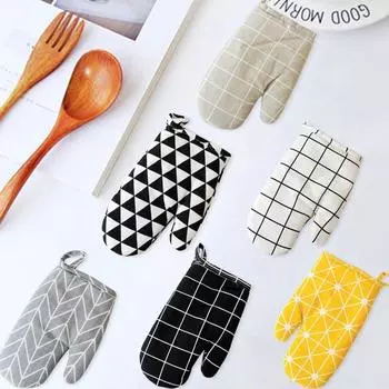 Кухонные перчатки, хлопковые жаропрочные варежки для приготовления пищи, изолированные от микроволновой печи, нескользящие клетчатые перчатки