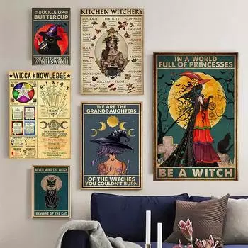 Кухонные плакаты с ведьмами, принты, современные животные, черная кошка, холст, картина, настенное искусство для баров, кафе, украшения дома, подарки на Хэллоуин 21x30cm No Framed