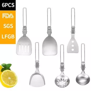 Кухонные принадлежности из нержавеющей стали на открытом воздухе, портативная складная лопатка для жарки, лопаточка для риса, лопаточка для жарки, лопатка с прорезями, набор ложек для супа 6set