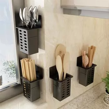 Кухонные принадлежности Пластиковый держатель для палочек для еды Корзина Настенный ящик для хранения столовых приборов Держатель для кухонной посуды Ложка Корзина для слива серый