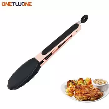 Кухонные щипцы из розового золота, высококачественный силикон, не содержащий бисфенол А, антипригарное покрытие, нержавеющая сталь, для приготовления на гриле, с фиксатором, для еды 9 inch
